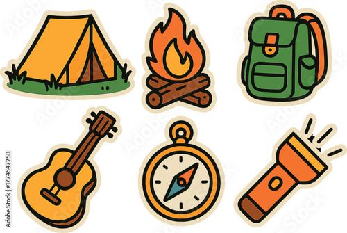 Camping adventure icons tent, campfire, backpack, guitar, compass, flashlight