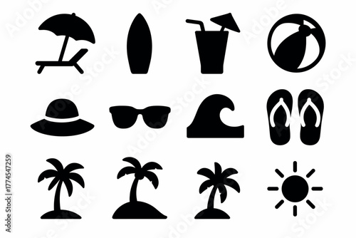 Summer beach icons set silhouette style of tropical and vacation symbols