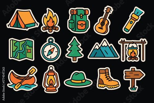 Bright colorful camping adventure icons featuring nature and hiking elements