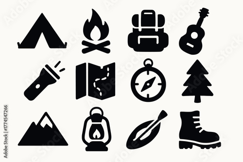 Camping adventure icons essential outdoor tools in bold silhouette design