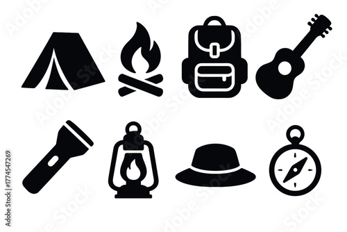 Camping adventure icons essential gear in bold silhouette