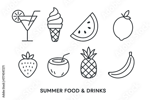 Outline icons of refreshing summer fruits and drinks for seasonal design