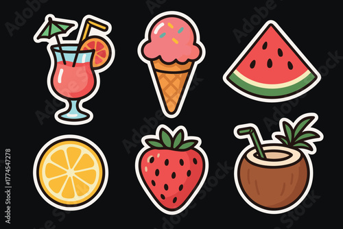 Summer themed stickers refreshing drinks, fruits, and ice cream on black background
