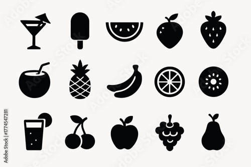 Silhouette icons of refreshing fruits and drinks for summer design