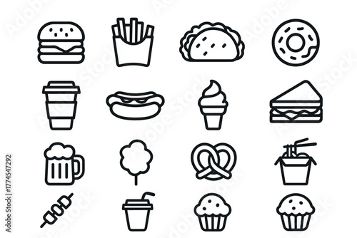Minimalist line icons of fast food favorites burgers, tacos, and more