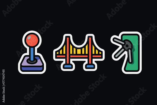 Colorful gaming joystick, bridge, and turnstile sticker icons on black