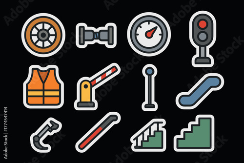 Transportation and safety icons set flat design with bold outlines