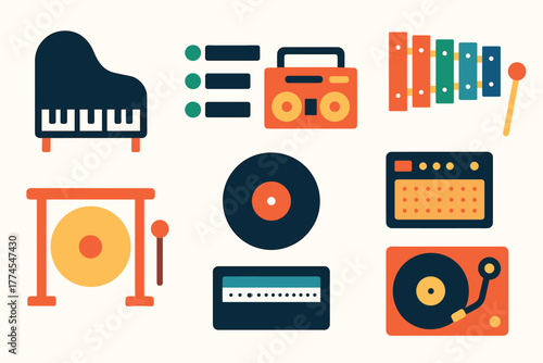 Colorful flat design music icons featuring piano, turntable, and drum set elements