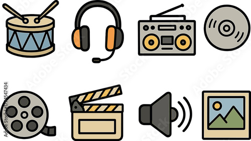 Colorful media icons music, headphones, and film clip art in flat style