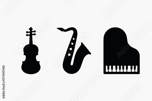 Musical instrument silhouettes violin, saxophone, piano icons for creative designs
