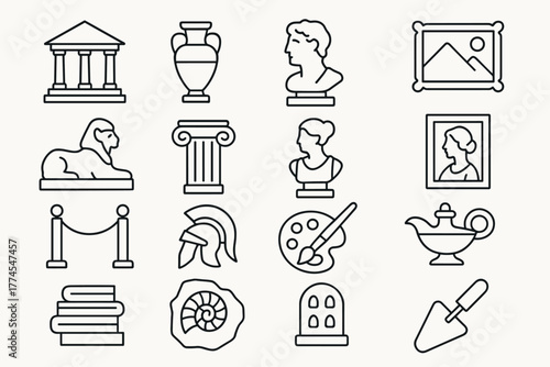 Elegant linear icons of classical art and architecture