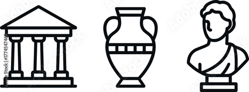 Greek culture icons temple, vase, and bust in minimalistic linear style