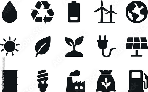 Ecofriendly energy and sustainability icons set on dark background