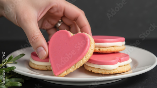 Delicious heart shaped cookies with pink icing and cream filling, perfect for celebrations and sweet moments