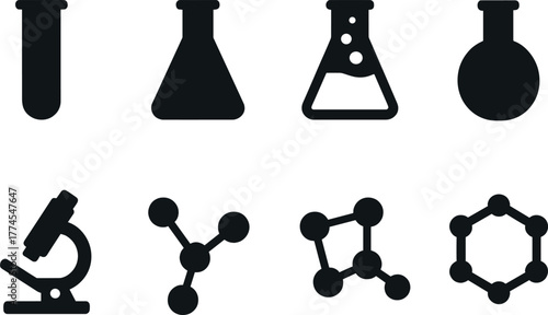 Dark silhouette chemistry icons set of laboratory equipment and molecular structures
