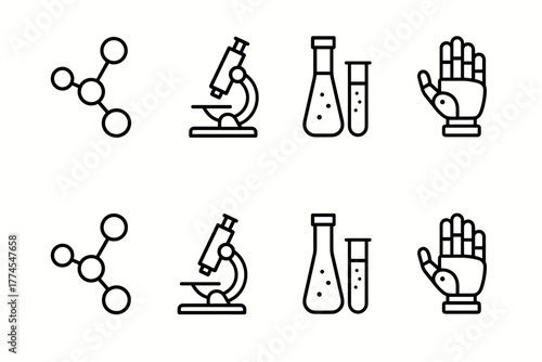 Science and technology icons set featuring molecule, microscope, lab equipment, and robotic hand
