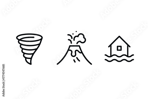 Natural disaster icons tornado, volcano, and flood in modern line art style