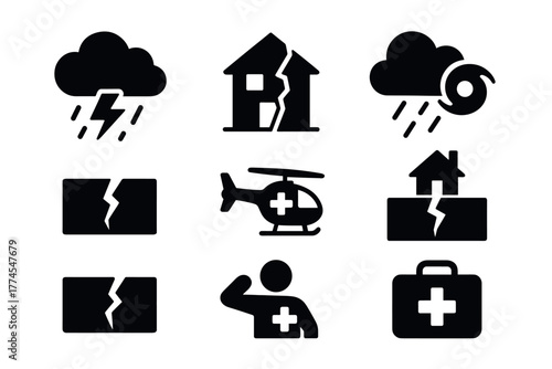 Natural disaster emergency icons earthquake, storm, and rescue symbols in bold silhouette
