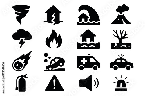 Disaster icons set featuring tornado, tsunami, earthquake, and emergency symbols
