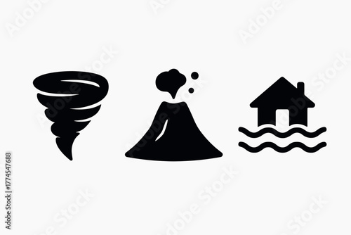 Natural disaster icons tornado, volcano, flood in bold silhouette style