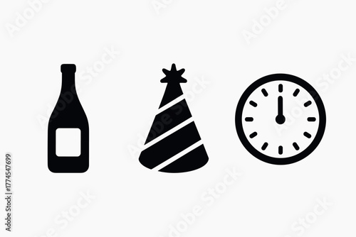 Festive new year icons bottle, party hat, and midnight clock silhouettes