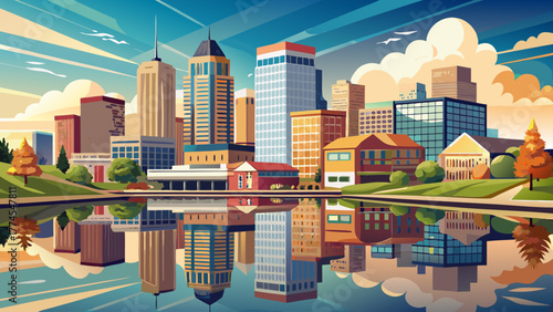 Very beautiful Cedar Rapids cityscape in Iowa, USA, featuring modern downtown buildings reflecting on the calm Cedar River under a clear sky, showcasing urban charm and natural beauty.