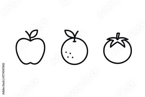 Simple outline icons of apple, orange, and tomato on white background
