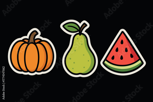 Playful sticker set featuring pumpkin, pear, and watermelon on black background