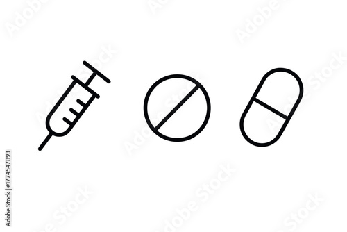 Simple line art medical icon set featuring syringe and pills