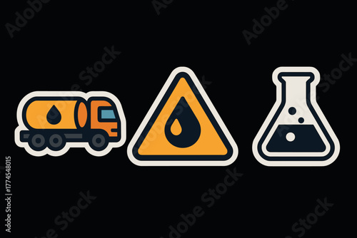 Colorful icons of oil transport, hazard warning, and laboratory flask on black background