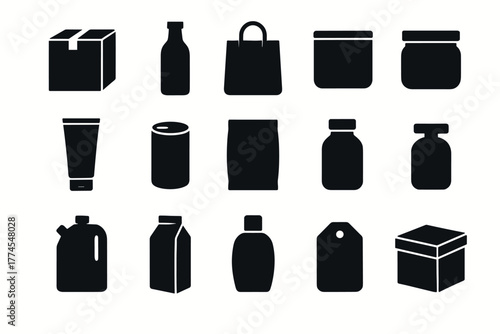 Silhouette icons of various packaging designs for modern branding