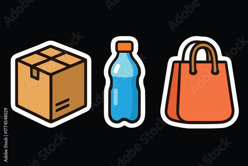 Colorful sticker icons of box, water bottle, and shopping bag on black background