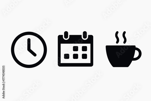 Time management symbols clock, calendar, and coffee cup icons in minimalist design