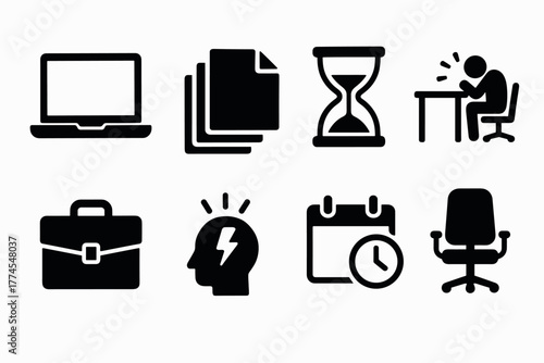 Business and productivity icon set featuring silhouettes of office and time management elements