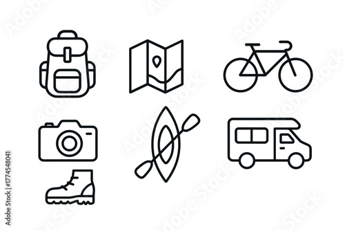 Minimalist adventure outline set backpack, map, camera, and more