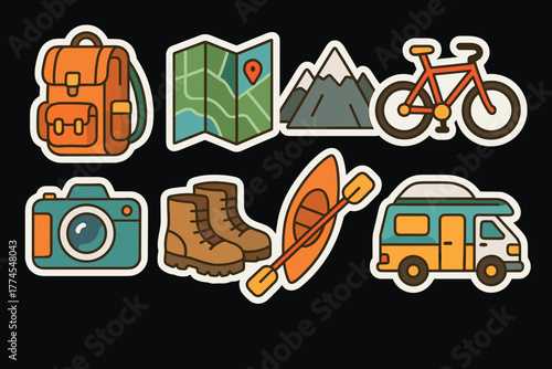 Adventure icons outdoor travel with backpack, mountain, map, and more