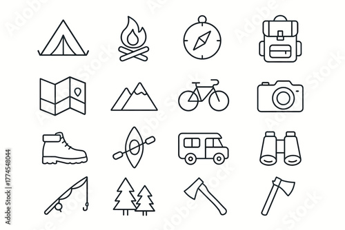Outdoor adventure icons camping, hiking, and exploration line art