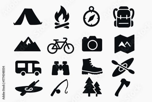 Outdoor adventure icons camping, hiking, and exploration essentials in bold silhouette style