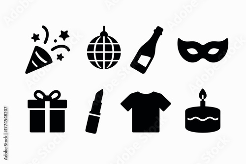 Celebration icons party, disco, and masquerade elements in black silhouette style