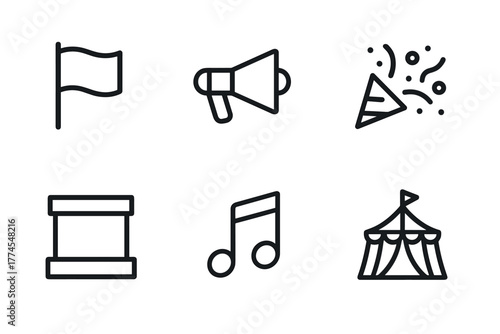 Minimalist event icons set featuring flag, megaphone, and circus tent