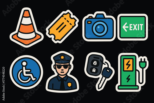 Colorful set of flat style traffic and travel icons on dark background
