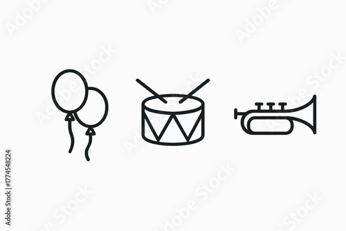 Simple festive icons featuring balloons, drum, and trumpet in linear design