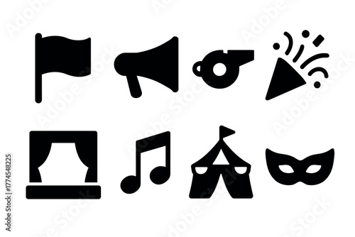 Silhouette icons for events flags, music, and celebrations