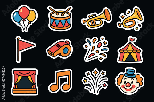 Colorful circus icons set featuring clown, instruments, and festive elements