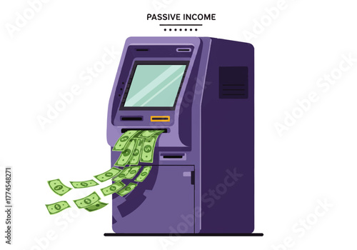An ATM machine dispensing a stream of green banknotes, symbolizing passive income generation.