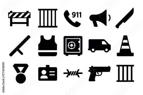 Essential crime and safety icons simplistic silhouette designs for quick recognition and efficiency