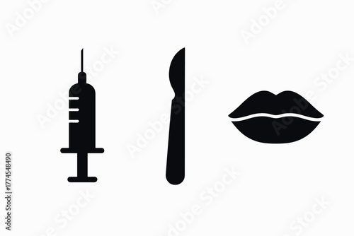 Silhouette icons of syringe, scalpel, and lips medical and cosmetic elements