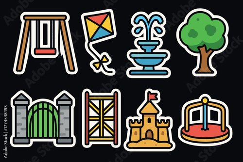 Colorful playground and park icons featuring swings, kites, fountains, trees, and more