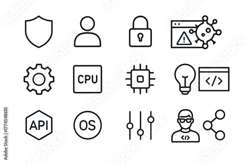 Technology icons set security, programming, and hardware concepts in minimal design