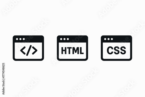 Minimalist web development icons code, html, and css in black and white